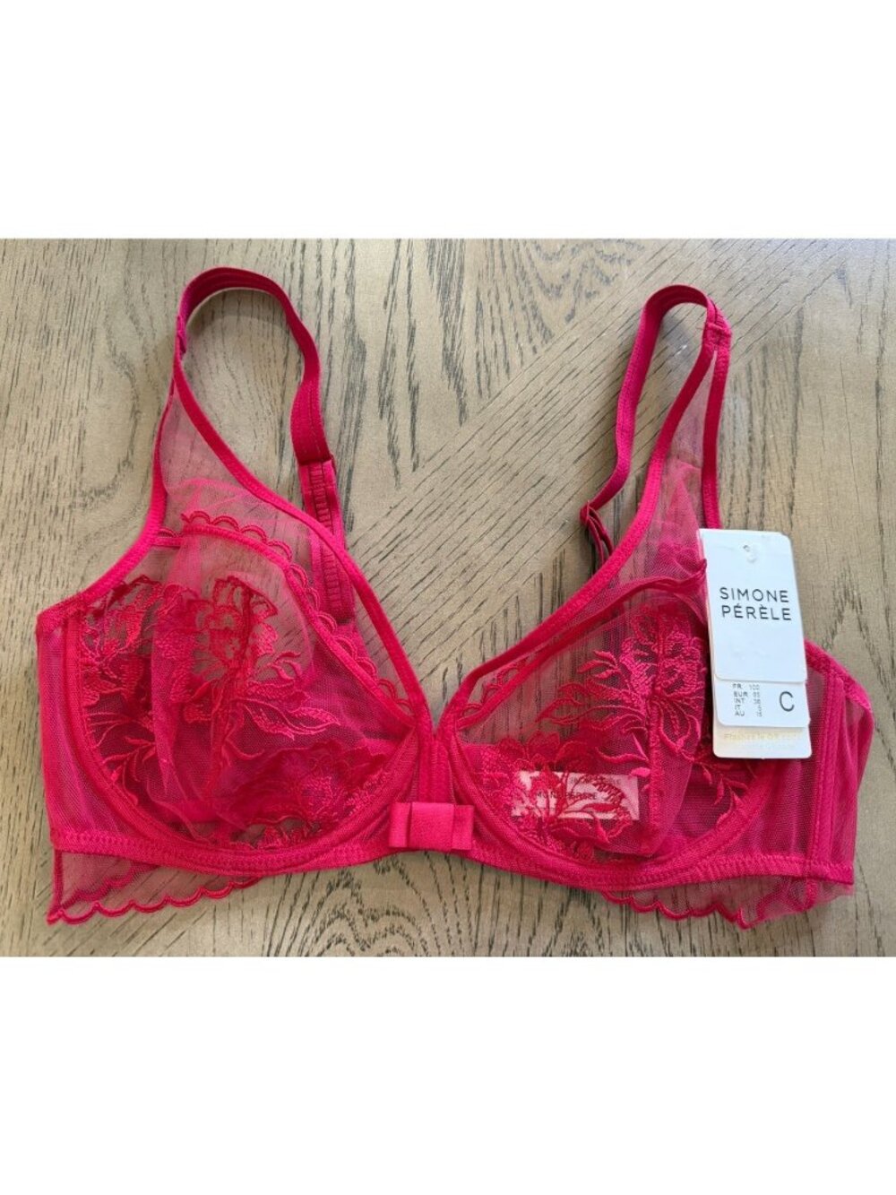 Simone Pérèle Romance Plunge Bra 38C Cranberry Pink Mesh Lace Bow Detail NEW
